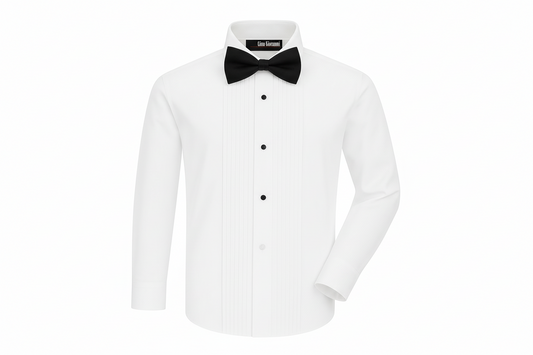 Gino Giovanni Boys Pleated Tuxedo Shirt with Bow Tie - White/Black front view