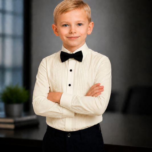 Gino Giovanni Boys Pleated Tuxedo Shirt with Bow Tie (Ivory Shirt)