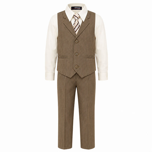 Gino Giovanni Boys 4-Piece Pinstripe Vest Set with Long Sleeve Dress Shirt, Pants and Zipper Tie, Fully Lined
