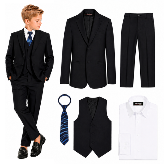 Gino Giovanni Boys 5-Piece Formal Tuxedo Suit Set with Vest, Shirt, Pants and Tie - Black/Blue Tie