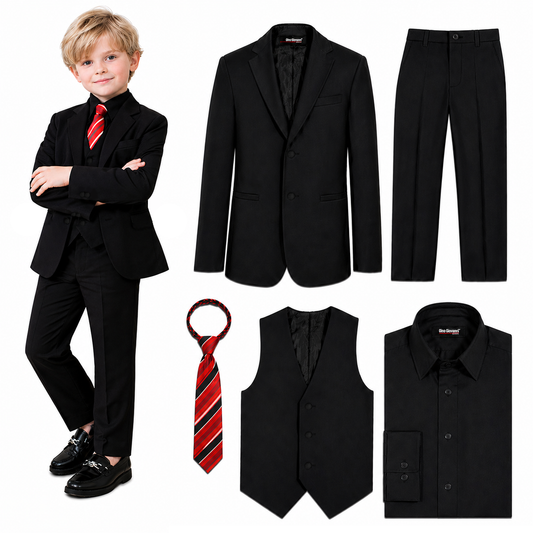Gino Giovanni Boys' 5-Piece Formal Suit Set GC190-GC191 - All Black Suit/Red Tie - 20