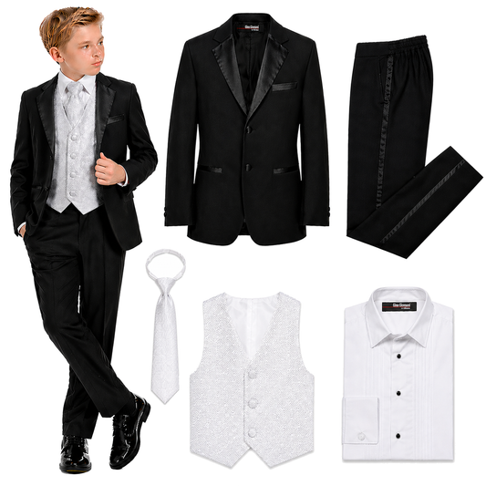 Gino Giovanni Boys' 5-Piece Formal Tuxedo Set GC212-GC260 - Black Tux/White Vest-Tie - Size 20