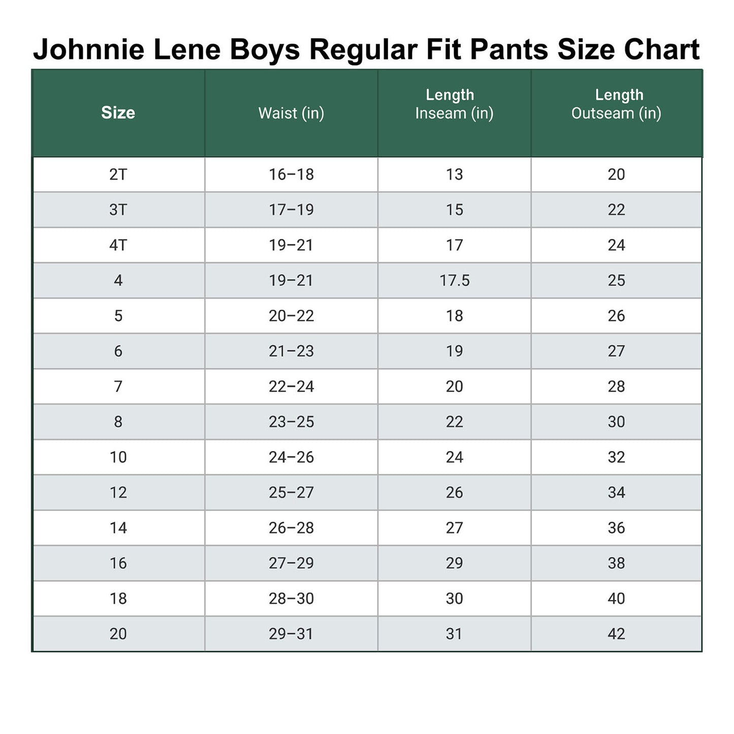 Johnnie Lene boys dress pants size chart