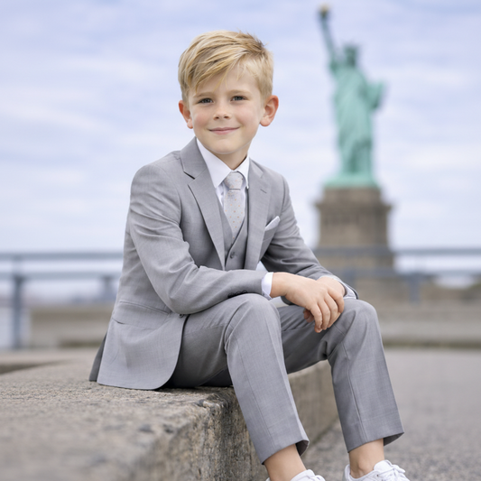Johnnie Lene Boys 4-Piece Suit Set – Slim Fit Formal Outfit with Vest & Tie - Silver