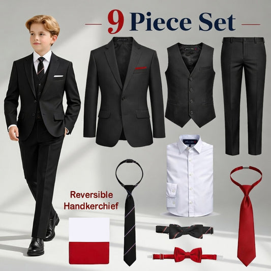 9 Piece Boys Formal Slim Fit Suit Set and Tuxedo Complete Kids Outfit