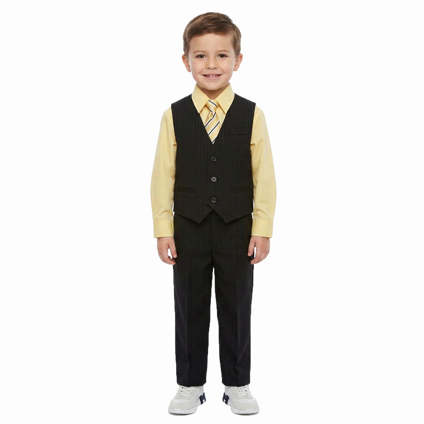 Johnnie Lene Boys 5-Piece Pinstripe Formal Vest Set with Dress Shirt, Pants, Necktie & Bow Tie, Available in 24 Colors - Black/Yellow