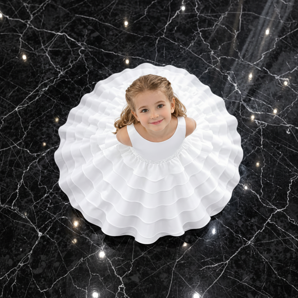 Elegant princess silhouette flower Girl Dress – Satin Bodice with All-Over Layered Organza Skirt Princess Dress