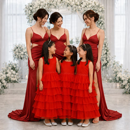 Elegant princess silhouette flower Girl Dress – Satin Bodice with All-Over Layered Organza Skirt Princess Dress