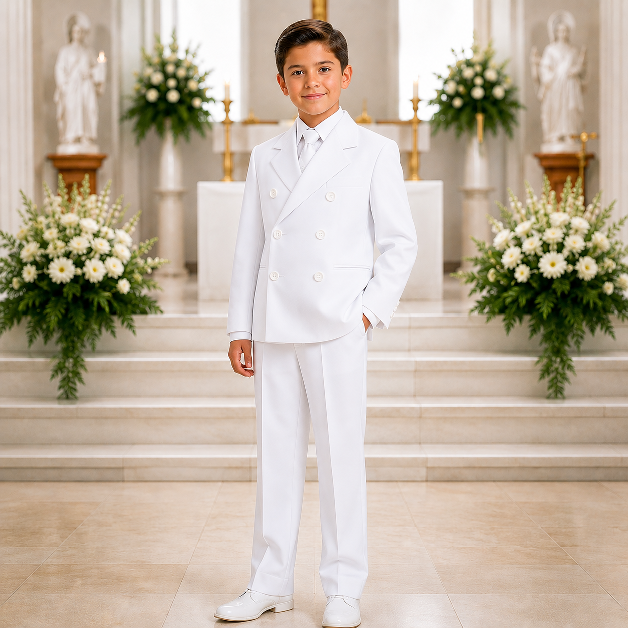 Boys Double Breasted 5-Piece Formal Suit Set Jacket Vest Shirt Tie Pants - DBwhitemodel