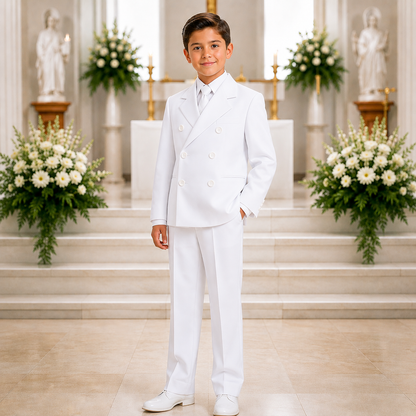Boys Double Breasted 5-Piece Formal Suit Set Jacket Vest Shirt Tie Pants - DBwhitemodel