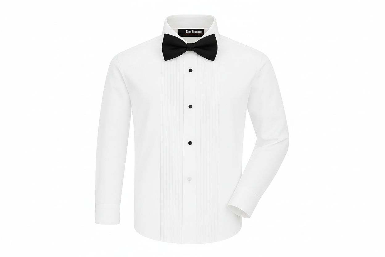Gino Giovanni Boys Pleated Tuxedo Shirt with Bow Tie - White/Black front view