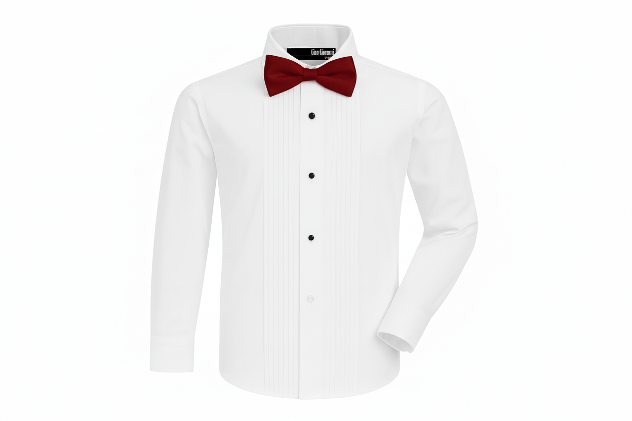 Gino Giovanni Boys Pleated Tuxedo Shirt with Bow Tie - White/Burgundy front view