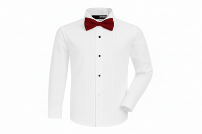 Gino Giovanni Boys Pleated Tuxedo Shirt with Bow Tie - White/Burgundy front view