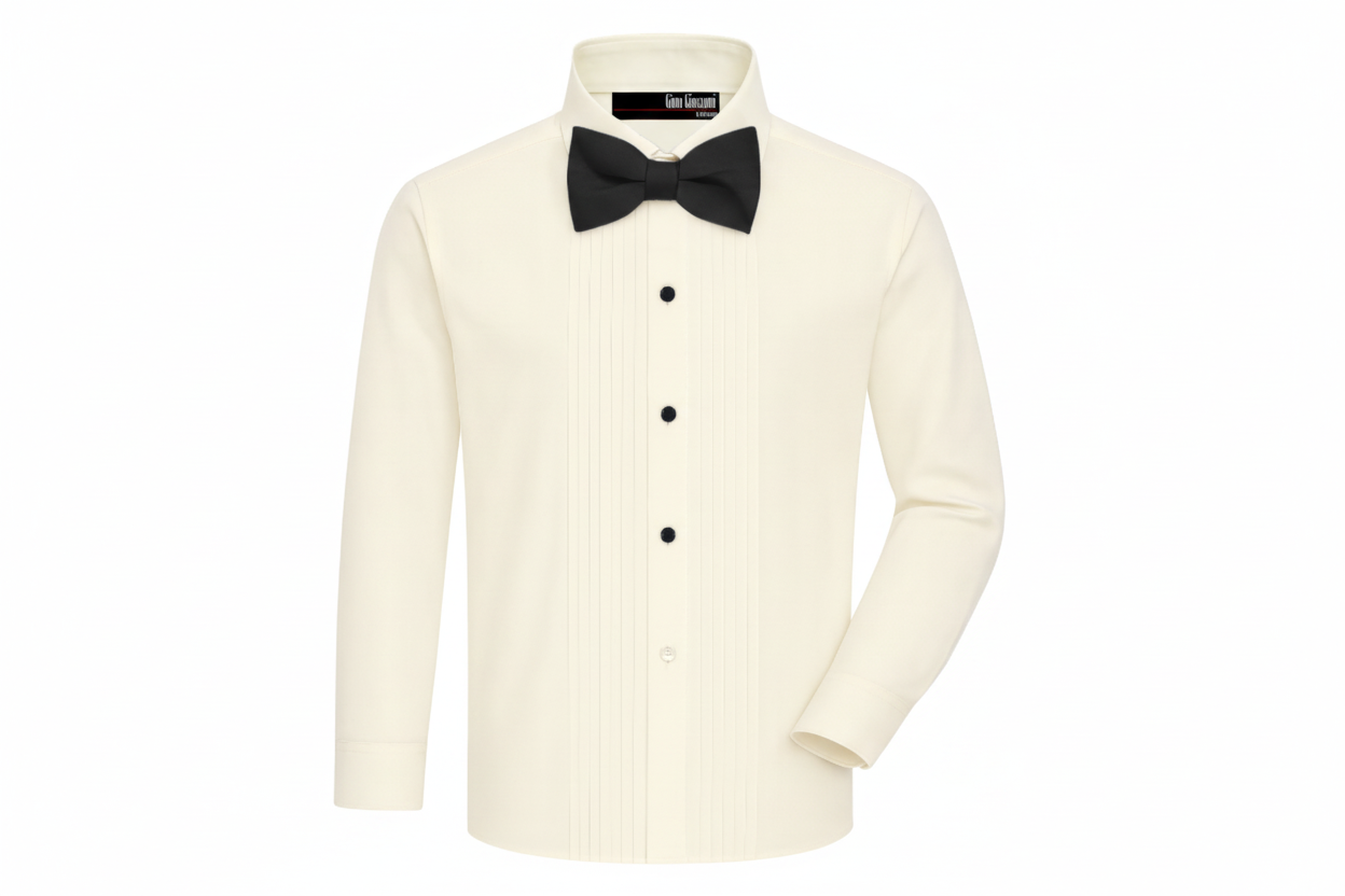 Gino Giovanni Boys Pleated Tuxedo Shirt with Bow Tie - Ivory/Black front view