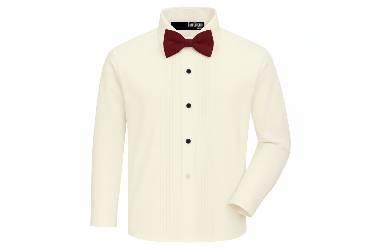 Gino Giovanni Boys Pleated Tuxedo Shirt with Bow Tie - Ivory/Burgundy front view