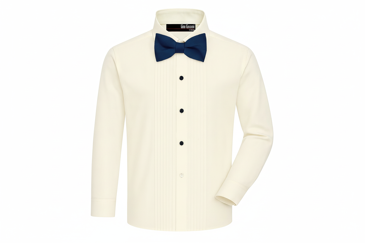 Gino Giovanni Boys Pleated Tuxedo Shirt with Bow Tie - Ivory/Navy Blue front view