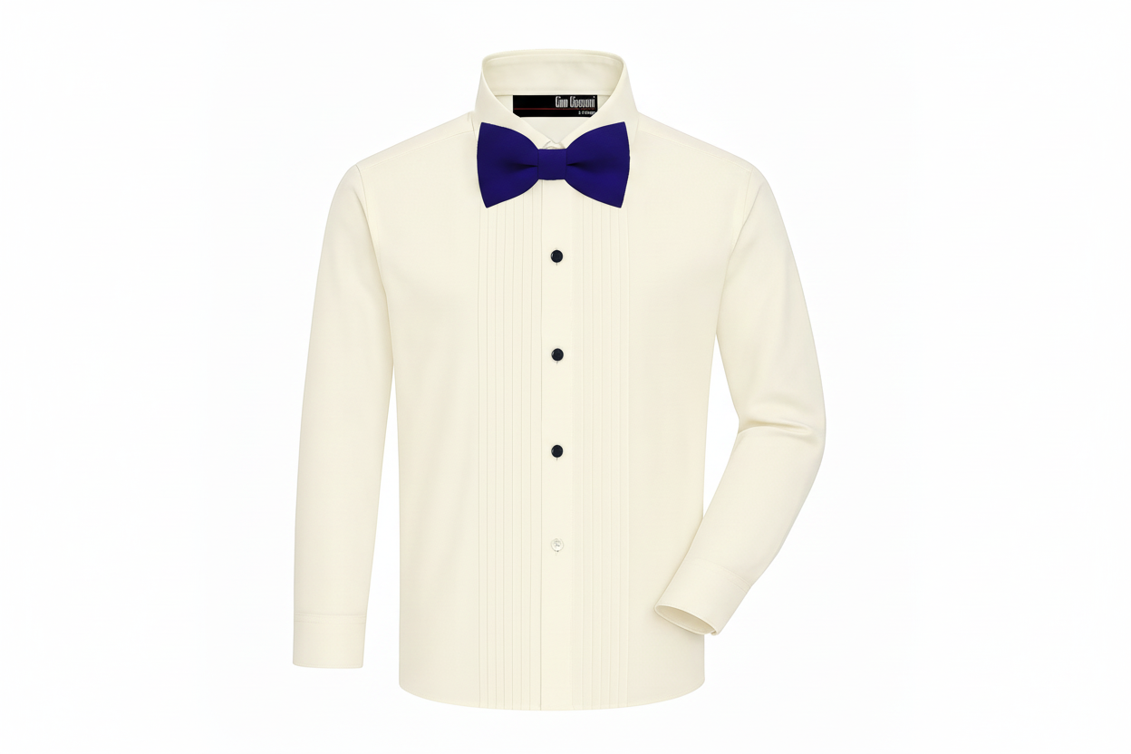 Gino Giovanni Boys Pleated Tuxedo Shirt with Bow Tie - Ivory/Purple front view