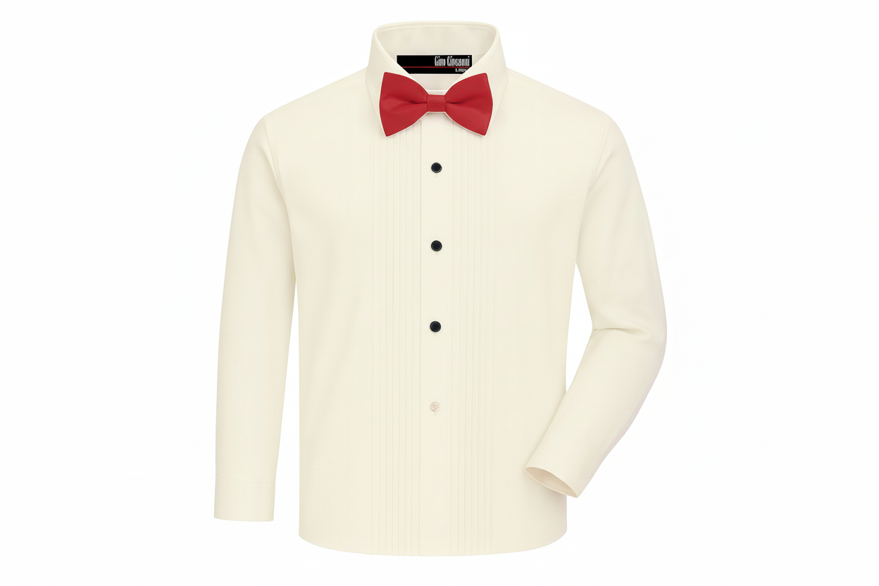 Gino Giovanni Boys Pleated Tuxedo Shirt with Bow Tie - Ivory/Red front view