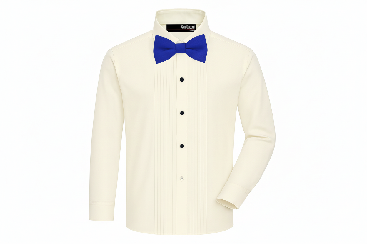 Gino Giovanni Boys Pleated Tuxedo Shirt with Bow Tie - Ivory/Royal Blue front view