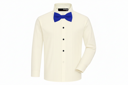 Gino Giovanni Boys Pleated Tuxedo Shirt with Bow Tie - Ivory/Royal Blue front view