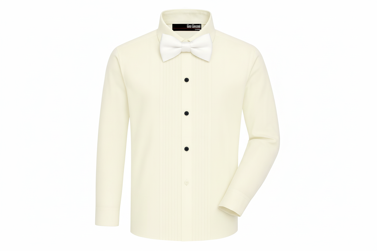 Gino Giovanni Boys Pleated Tuxedo Shirt with Bow Tie - Ivory/White front view