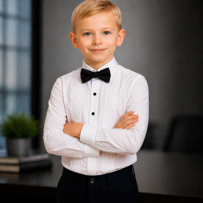 Gino Giovanni Boys Pleated Tuxedo Shirt with Bow Tie (White Shirt)