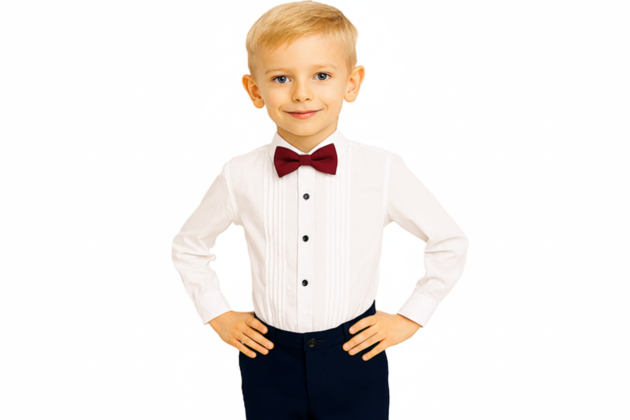Gino Giovanni Boys Pleated Tuxedo Shirt with Bow Tie - White/Burgundy styled view