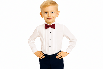 Gino Giovanni Boys Pleated Tuxedo Shirt with Bow Tie - White/Burgundy styled view