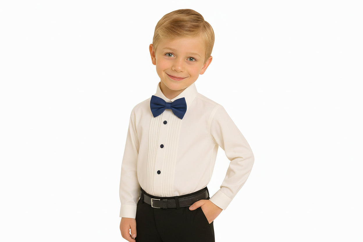 Gino Giovanni Boys Pleated Tuxedo Shirt with Bow Tie - Ivory/Navy Blue styled view