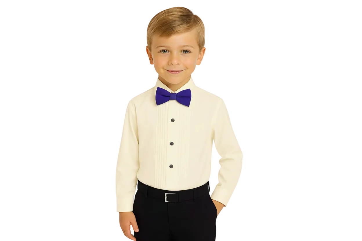 Gino Giovanni Boys Pleated Tuxedo Shirt with Bow Tie - Ivory/Purple styled view