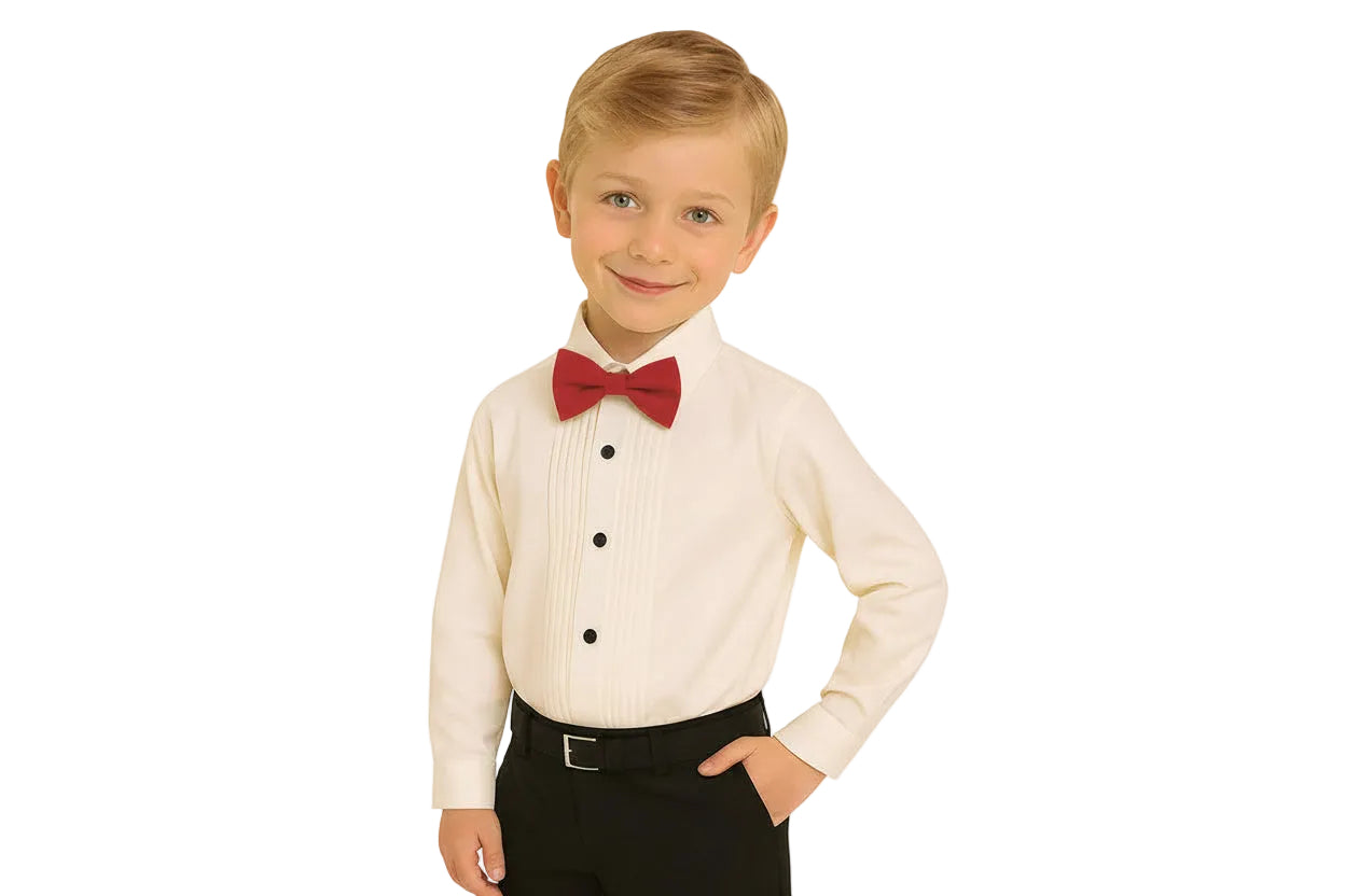 Gino Giovanni Boys Pleated Tuxedo Shirt with Bow Tie - Ivory/Red styled view