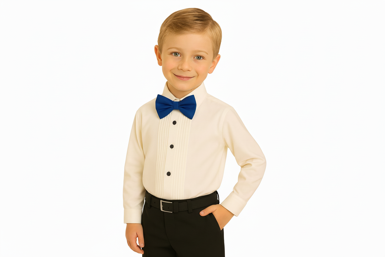 Gino Giovanni Boys Pleated Tuxedo Shirt with Bow Tie - Ivory/Royal Blue styled view