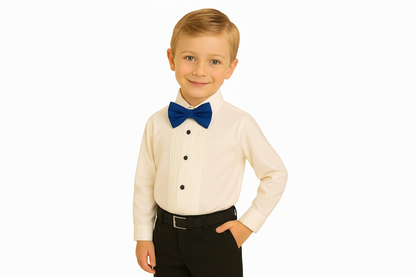 Gino Giovanni Boys Pleated Tuxedo Shirt with Bow Tie - Ivory/Royal Blue styled view