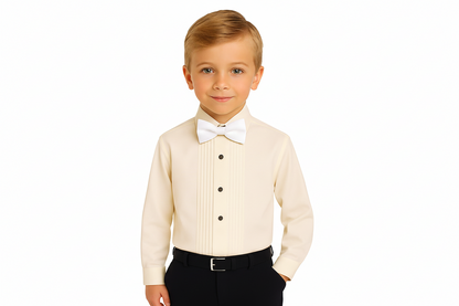 Gino Giovanni Boys Pleated Tuxedo Shirt with Bow Tie - Ivory/White styled view