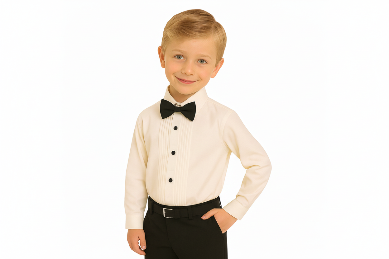 Gino Giovanni Boys Pleated Tuxedo Shirt with Bow Tie - Ivory/Black styled view