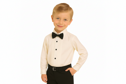 Gino Giovanni Boys Pleated Tuxedo Shirt with Bow Tie - Ivory/Black styled view