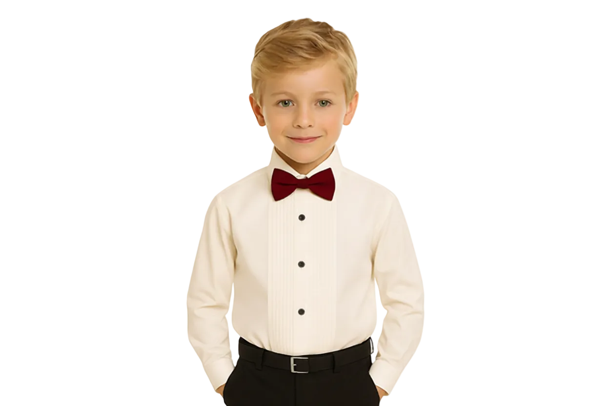 Gino Giovanni Boys Pleated Tuxedo Shirt with Bow Tie - Ivory/Burgundy styled view