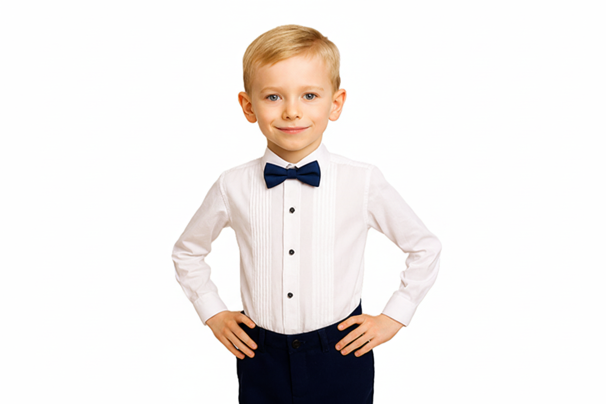 Gino Giovanni Boys Pleated Tuxedo Shirt with Bow Tie - White/Navy Blue styled view