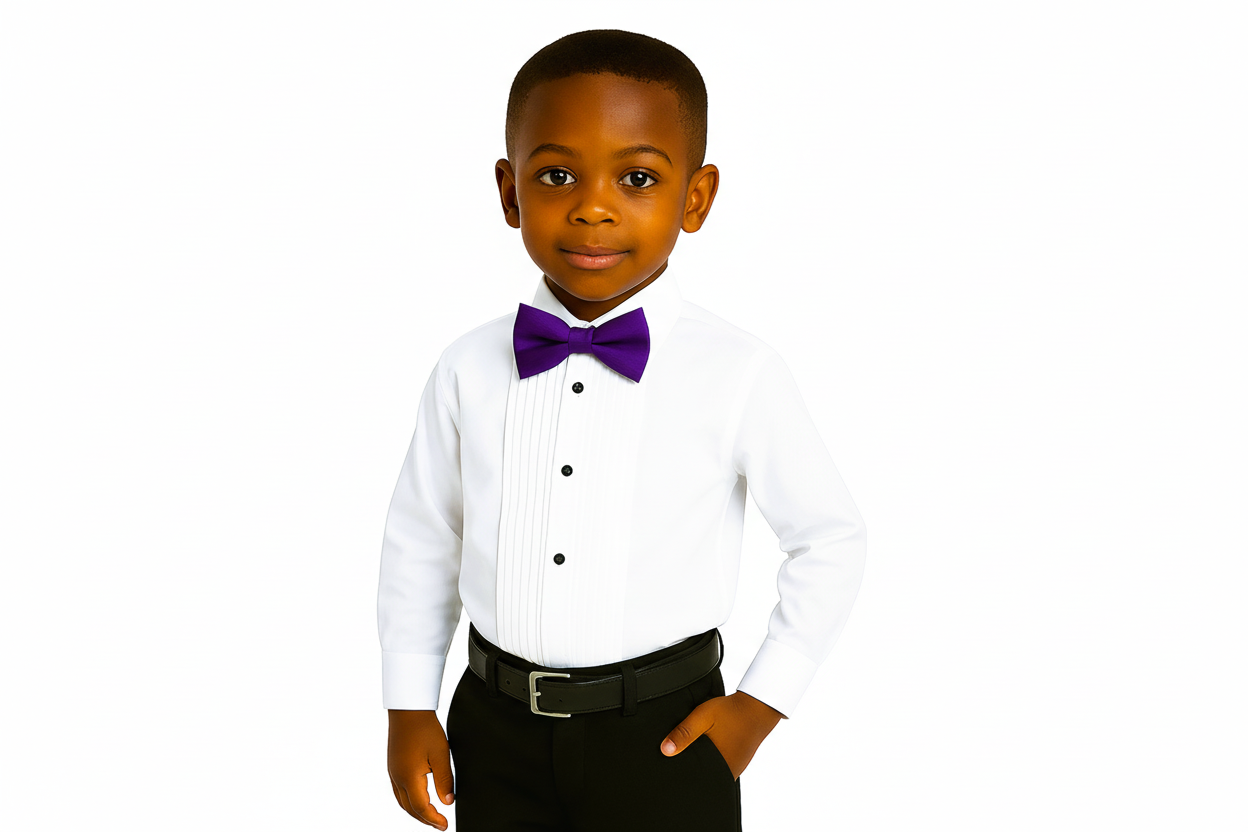 Gino Giovanni Boys Pleated Tuxedo Shirt with Bow Tie - White/Purple styled view
