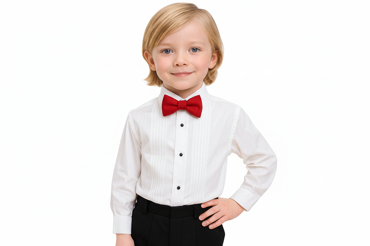 Gino Giovanni Boys Pleated Tuxedo Shirt with Bow Tie - White/Red styled view
