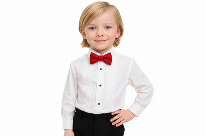 Gino Giovanni Boys Pleated Tuxedo Shirt with Bow Tie - White/Red styled view