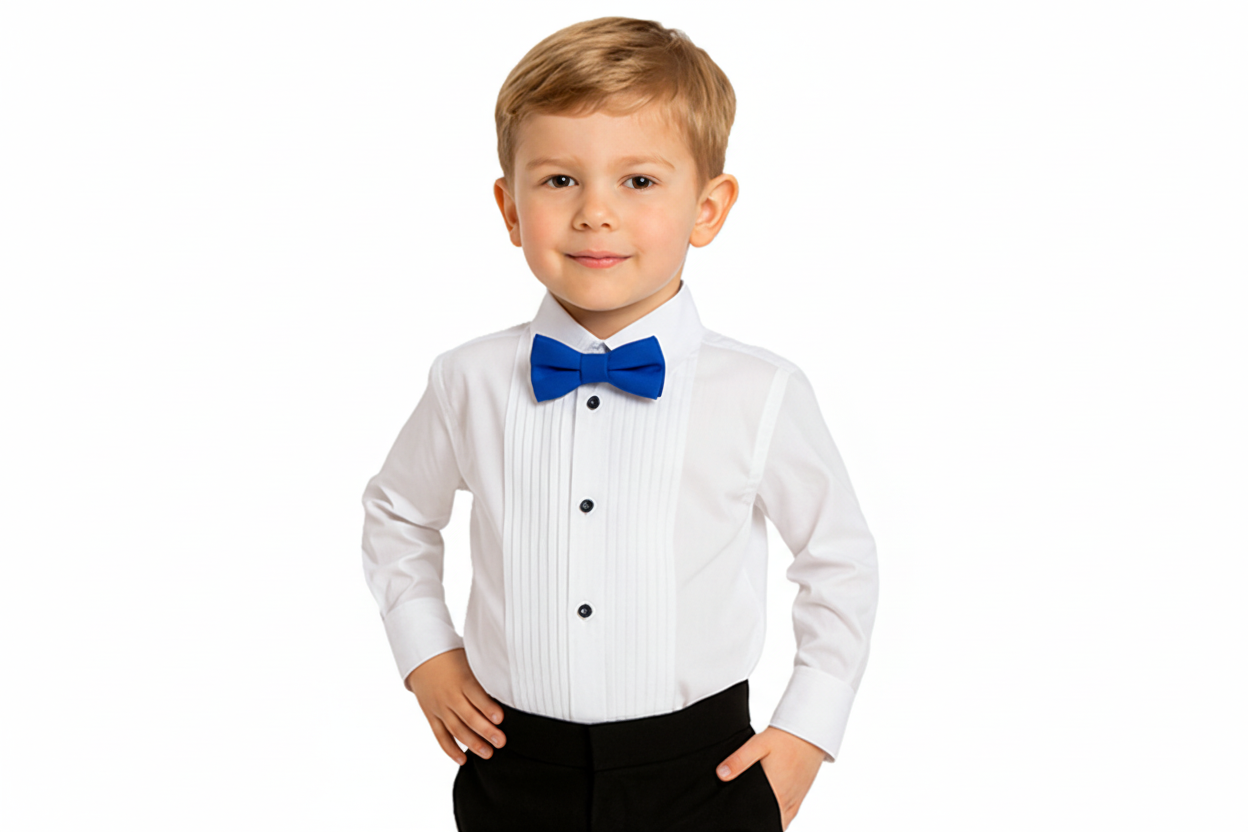 Gino Giovanni Boys Pleated Tuxedo Shirt with Bow Tie - White/Royal Blue styled view