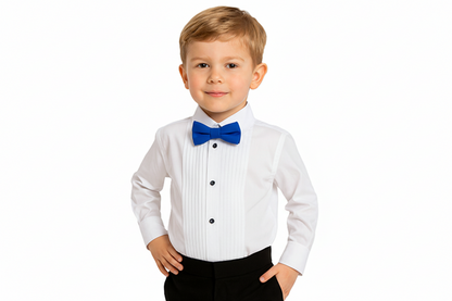 Gino Giovanni Boys Pleated Tuxedo Shirt with Bow Tie - White/Royal Blue styled view