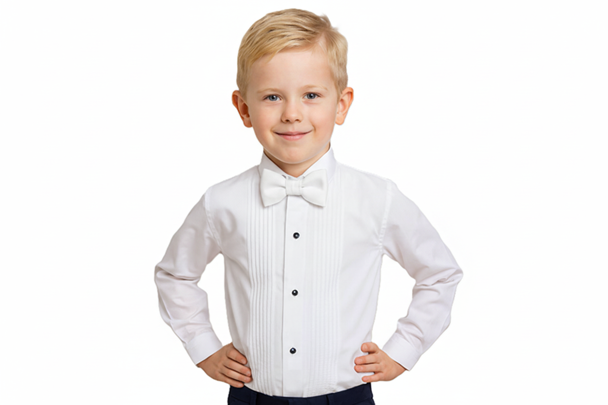 Gino Giovanni Boys Pleated Tuxedo Shirt with Bow Tie - All White styled view