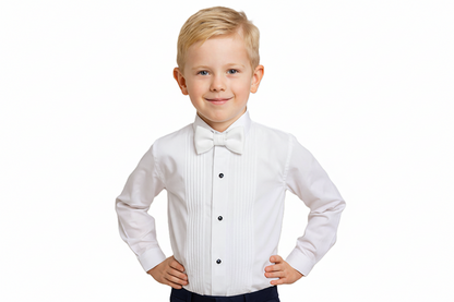 Gino Giovanni Boys Pleated Tuxedo Shirt with Bow Tie - All White styled view