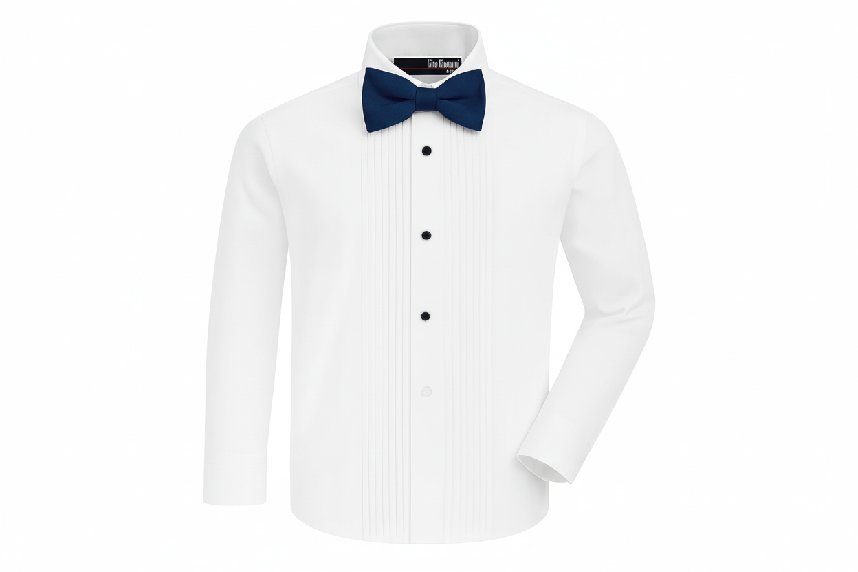 Gino Giovanni Boys Pleated Tuxedo Shirt with Bow Tie - White/Navy Blue front view