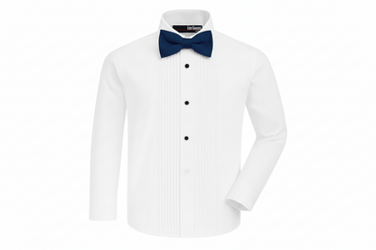 Gino Giovanni Boys Pleated Tuxedo Shirt with Bow Tie - White/Navy Blue front view
