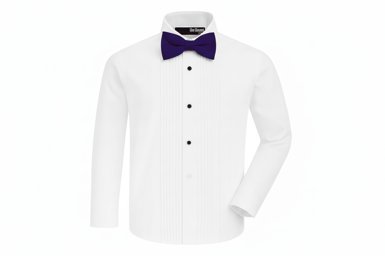 Gino Giovanni Boys Pleated Tuxedo Shirt with Bow Tie - White/Purple front view