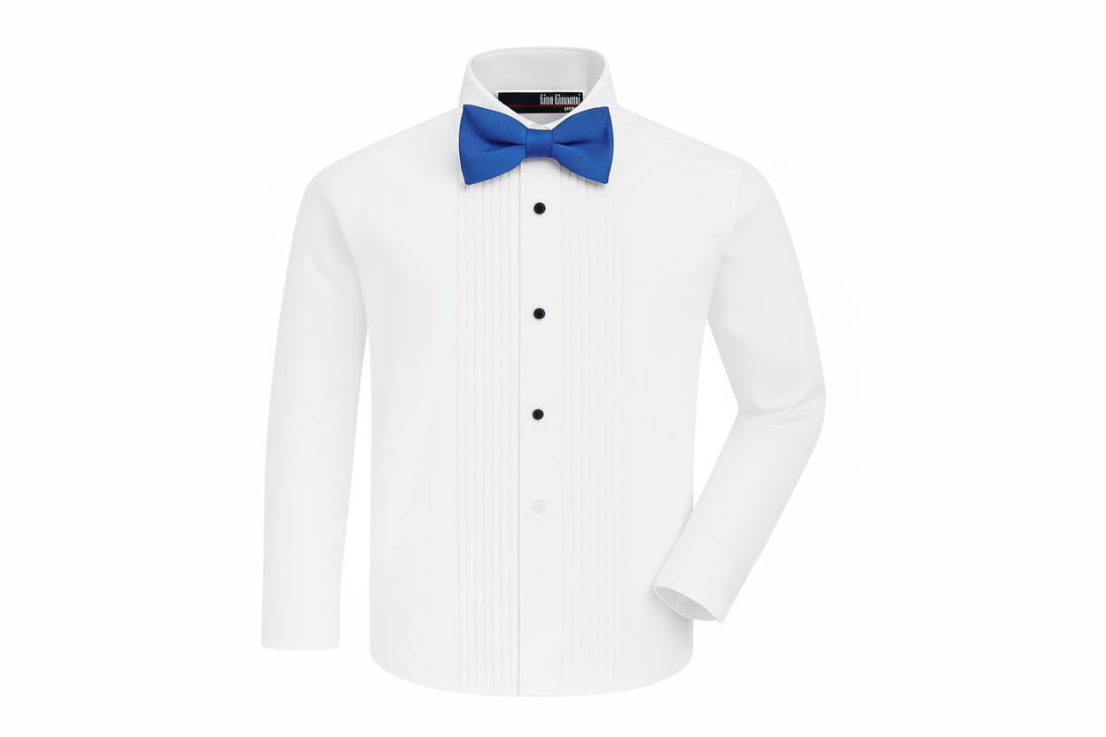 Gino Giovanni Boys Pleated Tuxedo Shirt with Bow Tie - White/Royal Blue front view