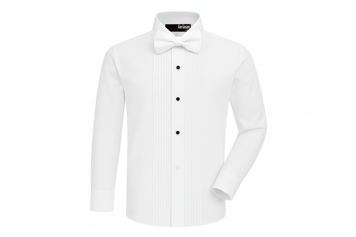 Gino Giovanni Boys Pleated Tuxedo Shirt with Bow Tie - All White front view